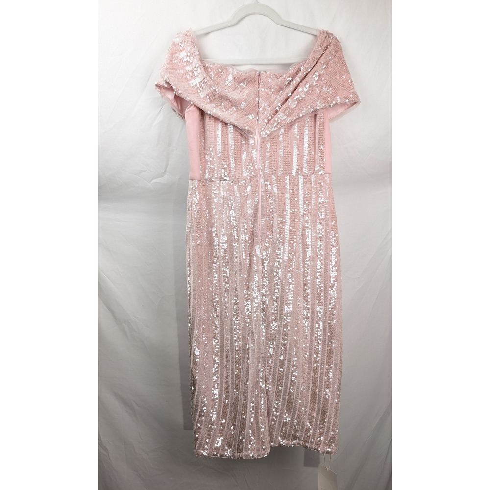 Sequin Coquette Off Shoulder Bow Midi Dress Size L Pink Romantic Cocktail Event - Picture 2 of 11
